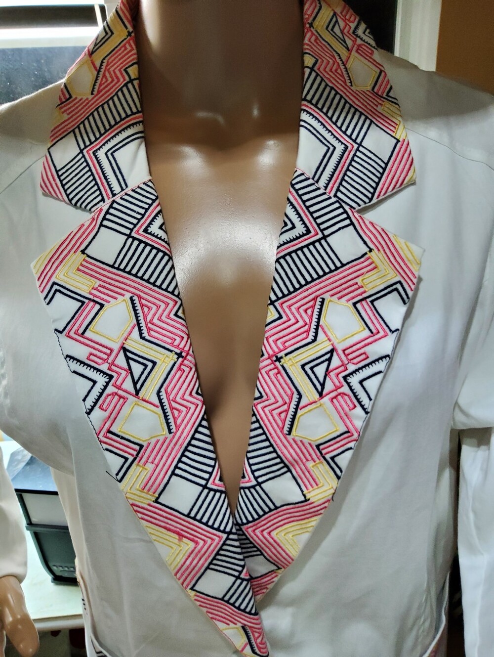 White Blazer with Pink & Yellow Geometric Trim